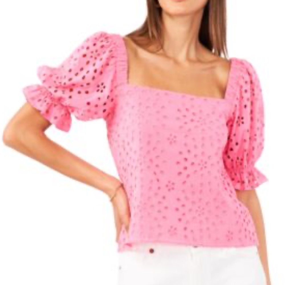 1 State Island Bloom - Daylight Dream Pink Eyelet Square-Neck puff sleeves Top M